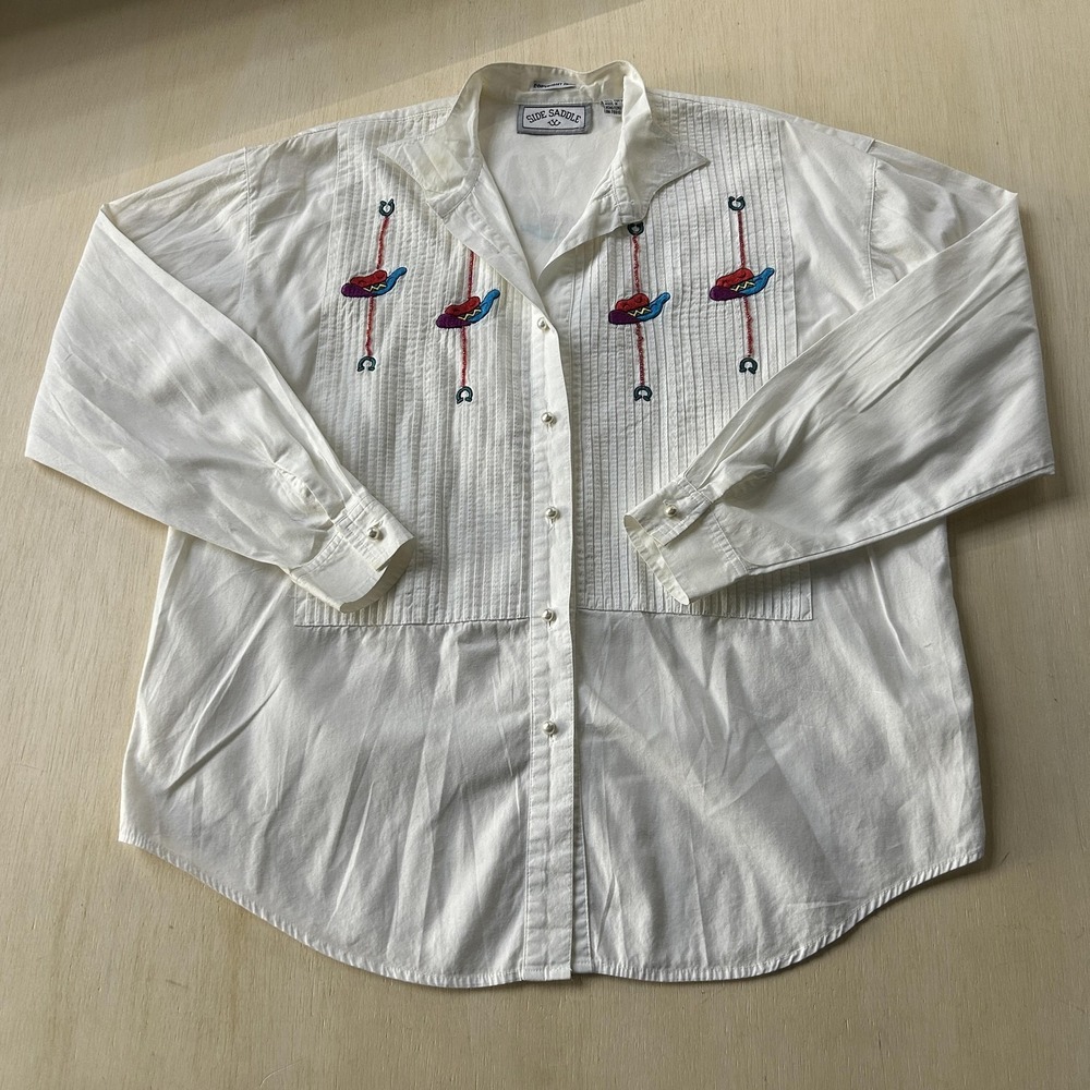 Vintage Side Saddle Blouse Womens Medium White Western Embroidered Cowboy Top